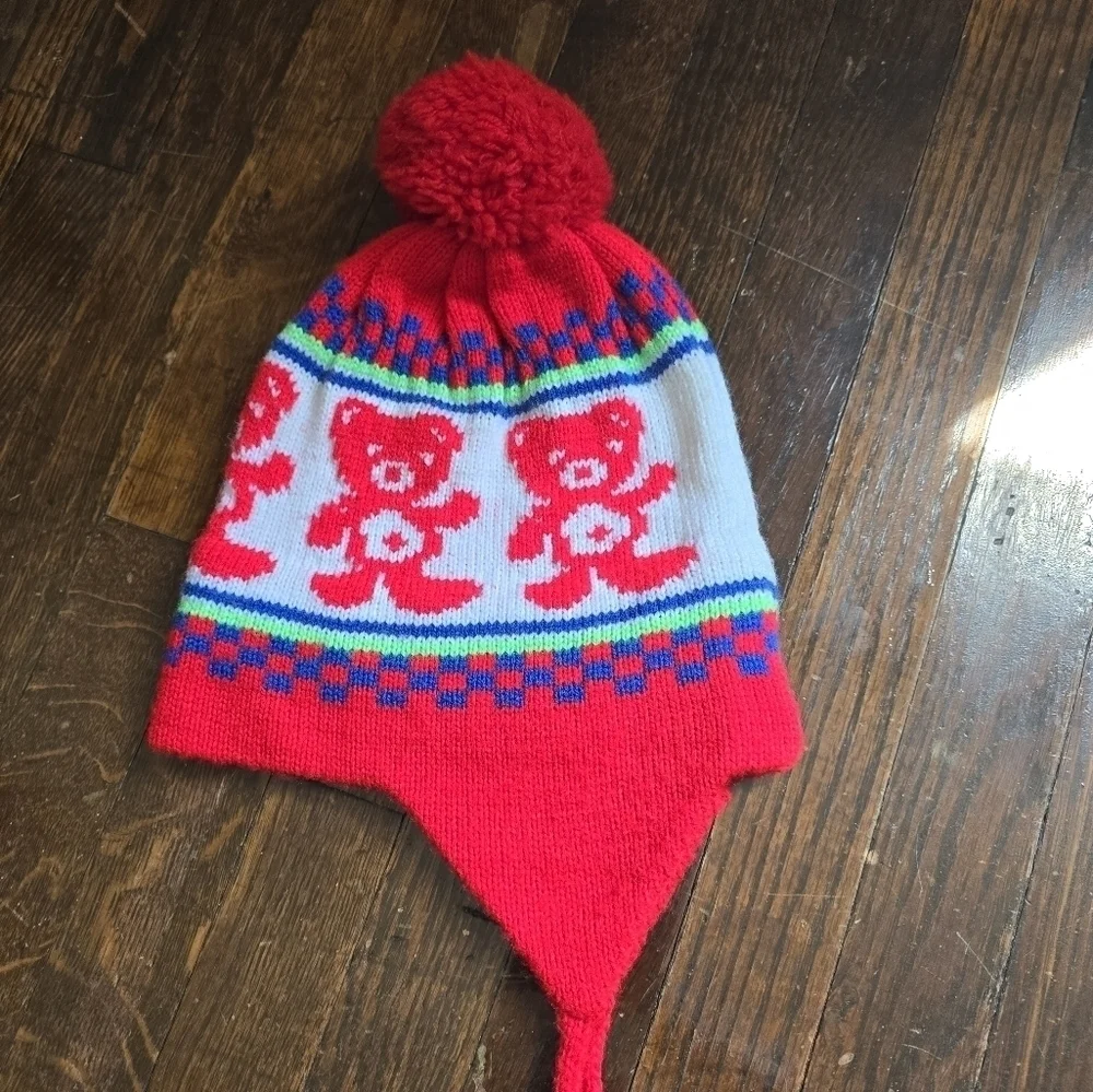 Vintage 80s West Hill Kids Red Knit Teddy Bear Pom Pom Ski Winter Hat